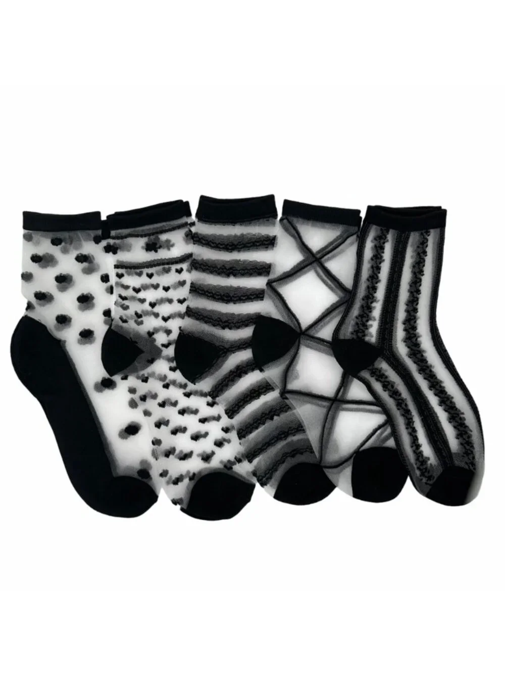⭐New Women Socks 5 Pairs Transparent Silk Elastic Mesh Elegant Multi design Fun⭐